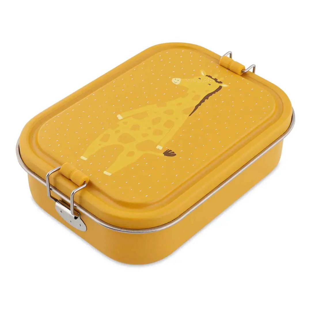 TRIXIE lunch box L by Citron Grenadine, yellow metal lunch container with giraffe illustration and metal clasps.