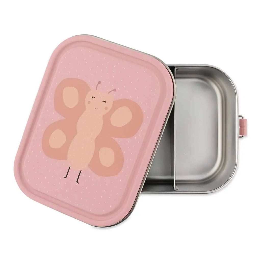 TRIXIE lunch box L by Citron Grenadine; pink butterfly lid, two-compartment metal container.