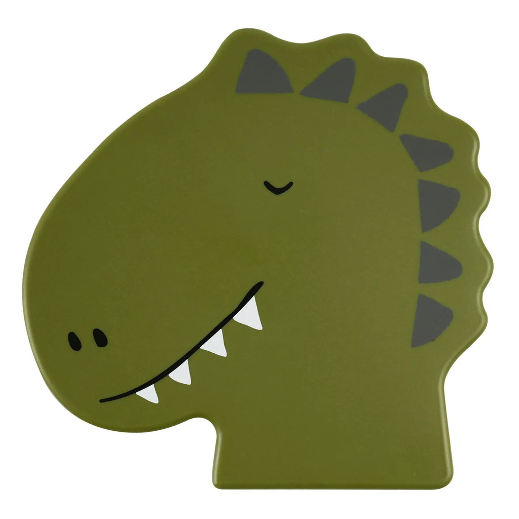 TRIXIE Mr Dino lunch box by Citron Grenadine; green dinosaur-shaped lunch container with gray plates.