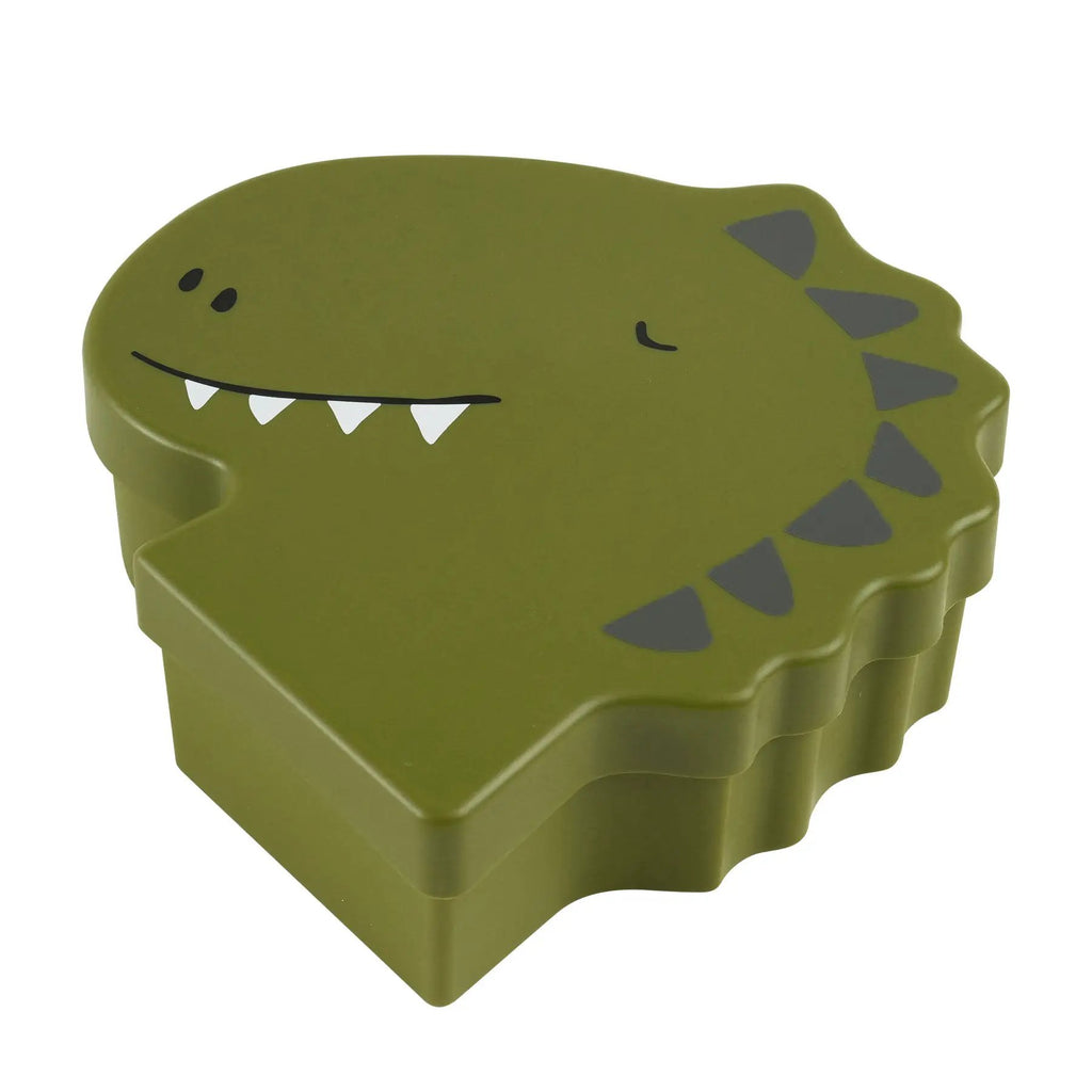 TRIXIE Mr Dino shaped lunch box, green dinosaur lunch container with gray triangular plates along the back.
