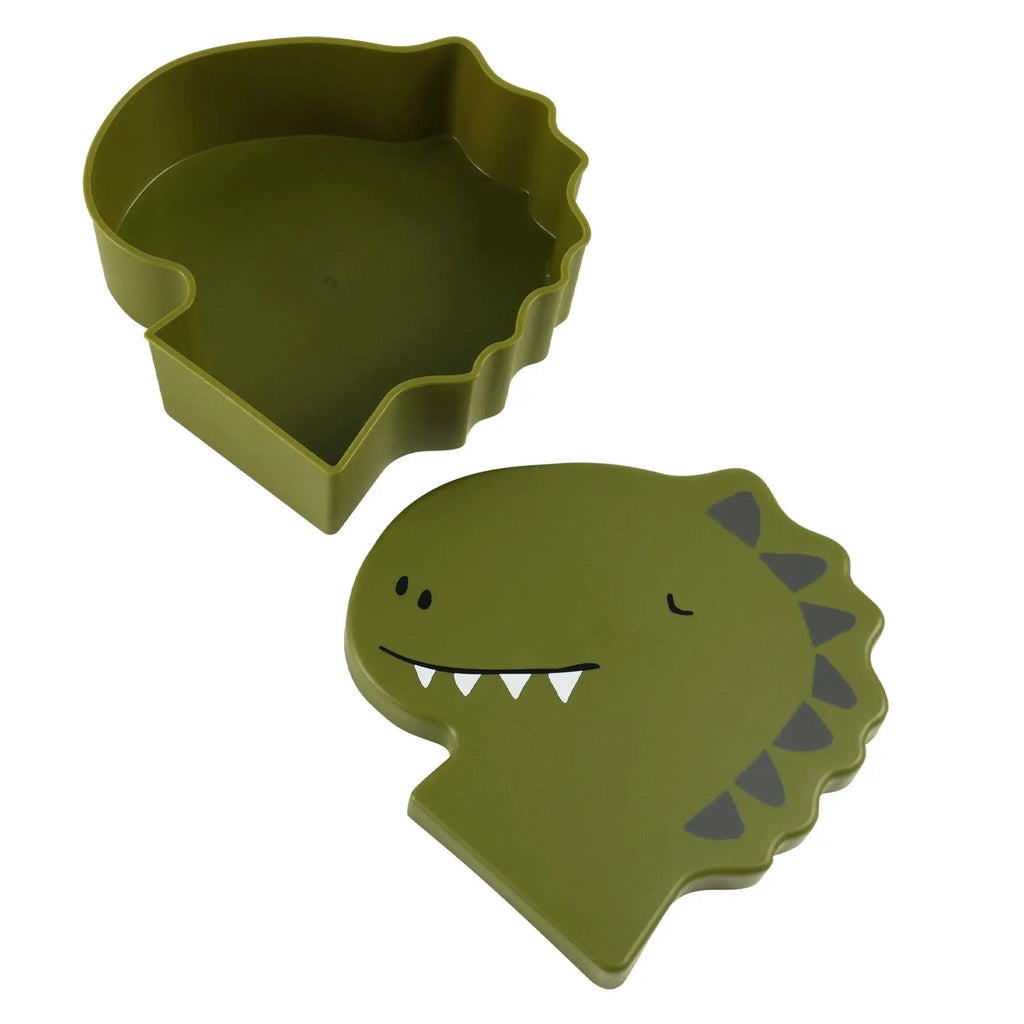 TRIXIE Mr Dino shaped lunch box by Citron Grenadine; olive-green dinosaur lunch container