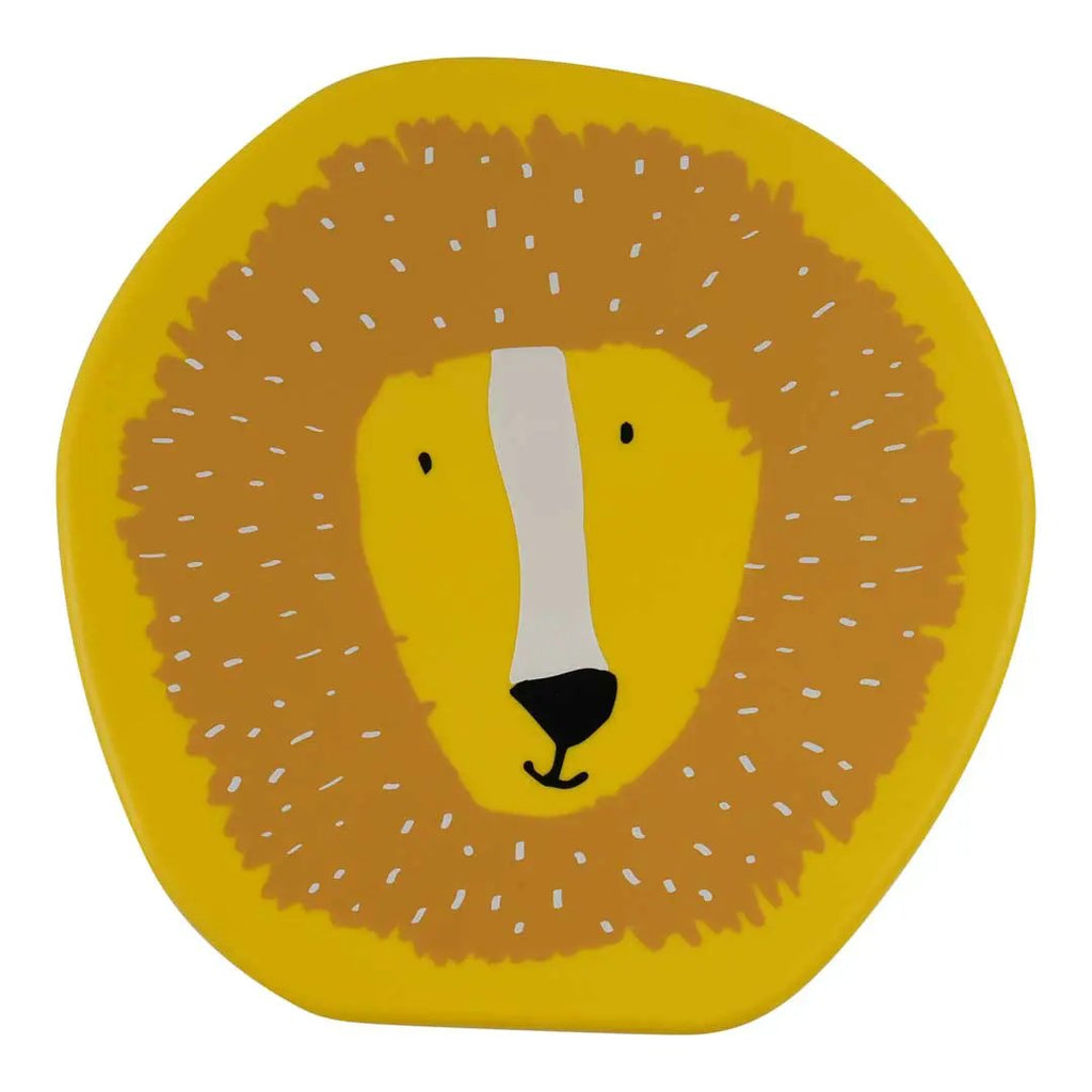 Trixie lion-shaped lunch box, bright yellow with brown mane and white facial stripe, Mr Lion character design for kids