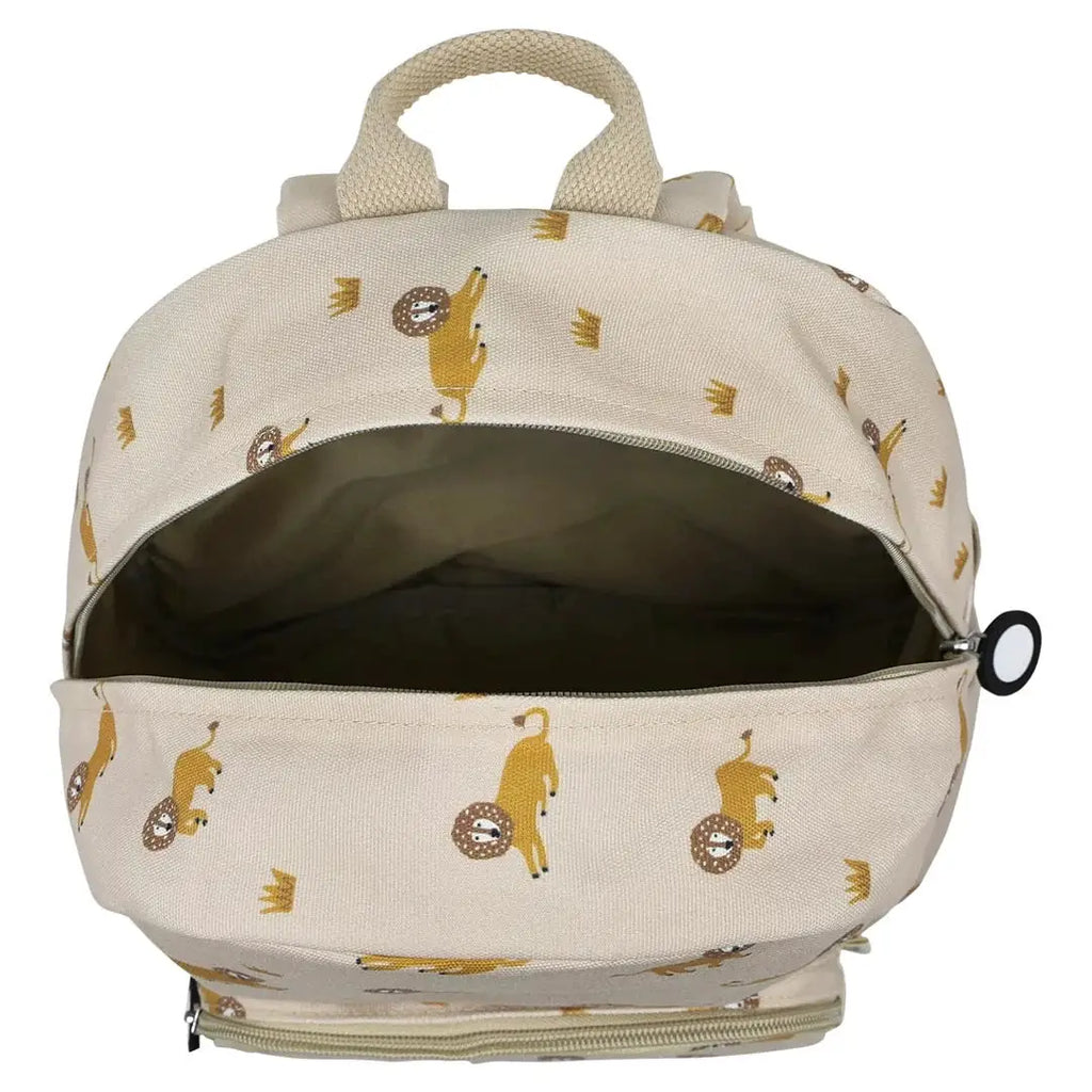 TRIXIE sac à dos scolaire beige avec motif de lion jaune, grande ouverture principale et poche zippée frontale