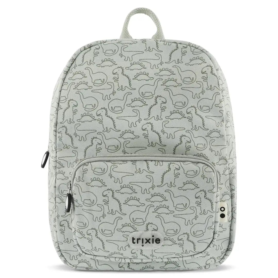 TRIXIE school backpack gray dinosaur print; front zip pocket and TRIXIE logo.