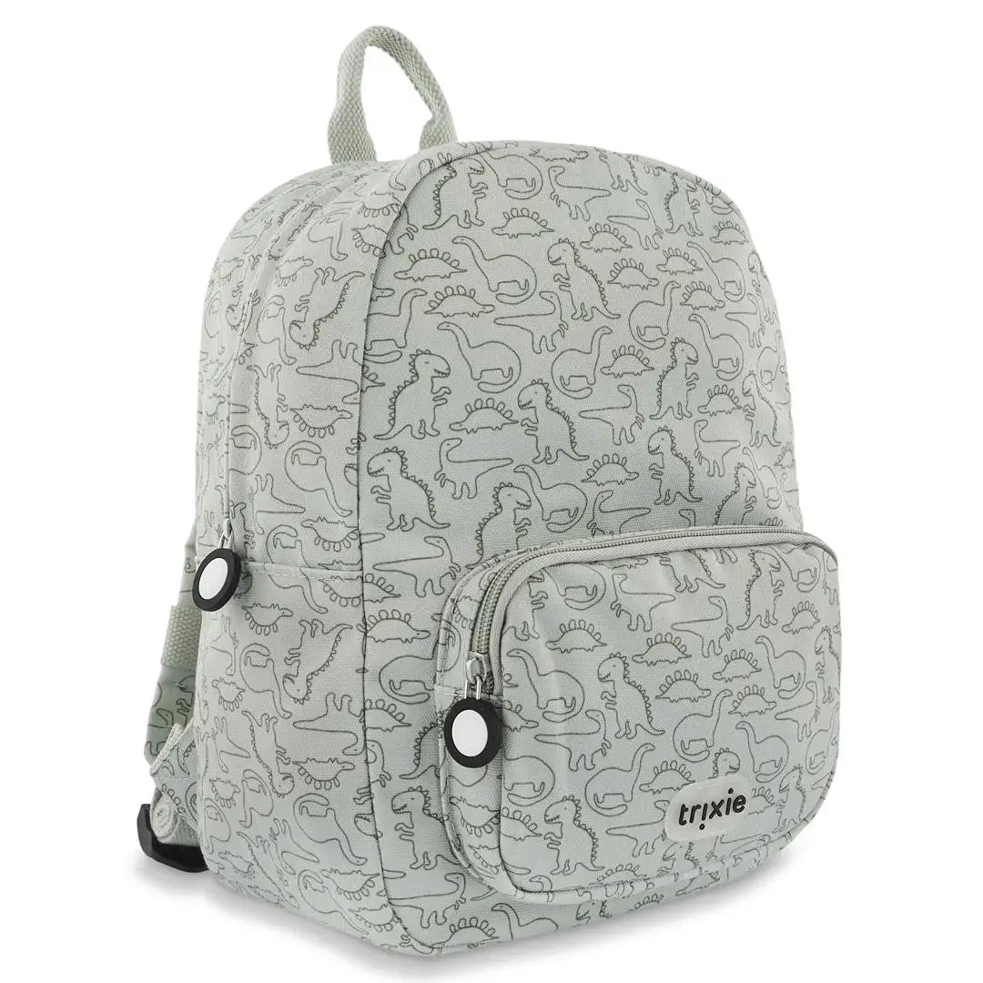Sac à dos TRIXIE scolaire gris clair imprimé dinosaures, avec poche frontale.