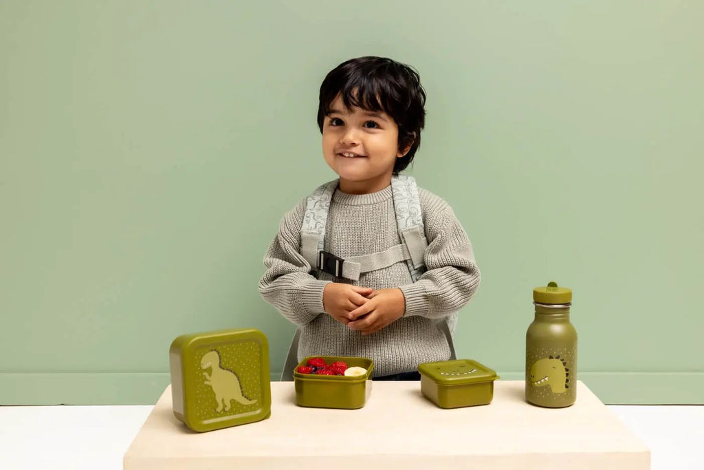 TRIXIE sac à dos daring dino de Citron Grenadine, sac scolaire gris clair porté par un enfant, avec 3 boîtes et une gourde
