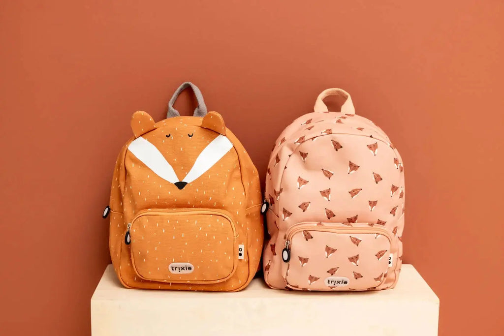 2 TRIXIE sac à dos fierce fox school backpacks, orange with fox-face detail and peach with fox-pattern, front pockets