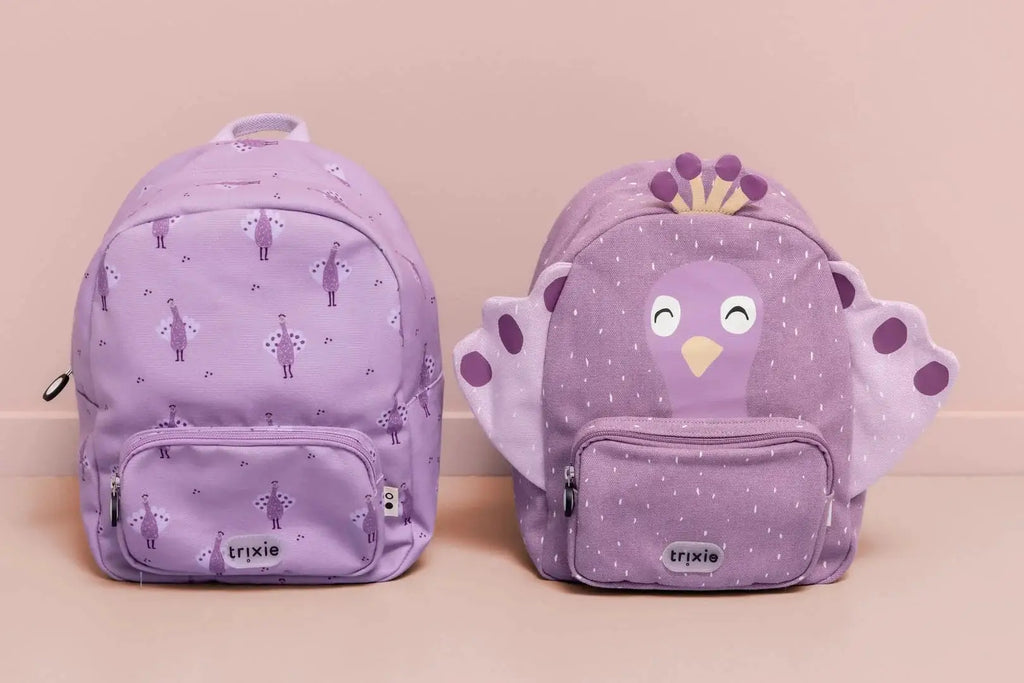 TRIXIE sac-à-dos scolaires Citron Grenadine, lavande; deux sacs violet avec motif paon et logo TRIXIE