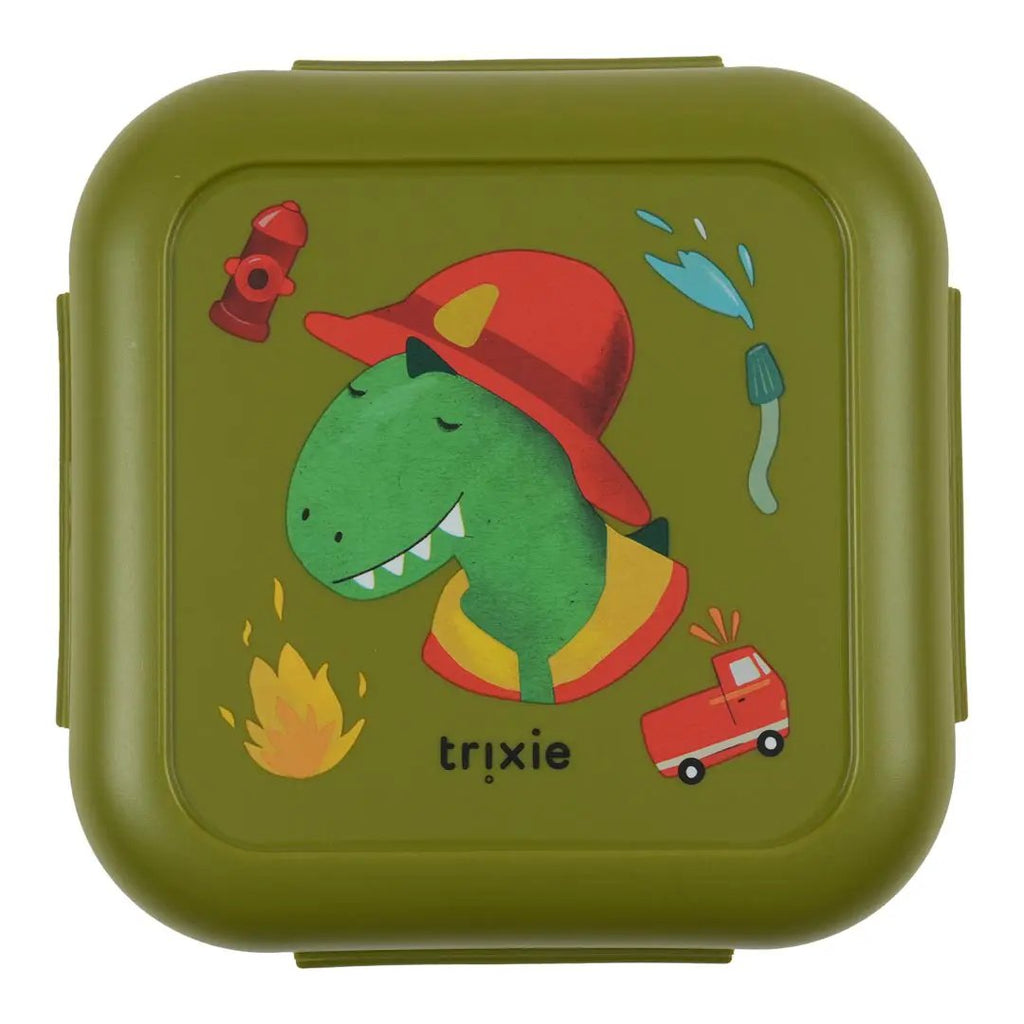 TRIXIE lunch box with clips, olive green featuring Fireman Dino design
