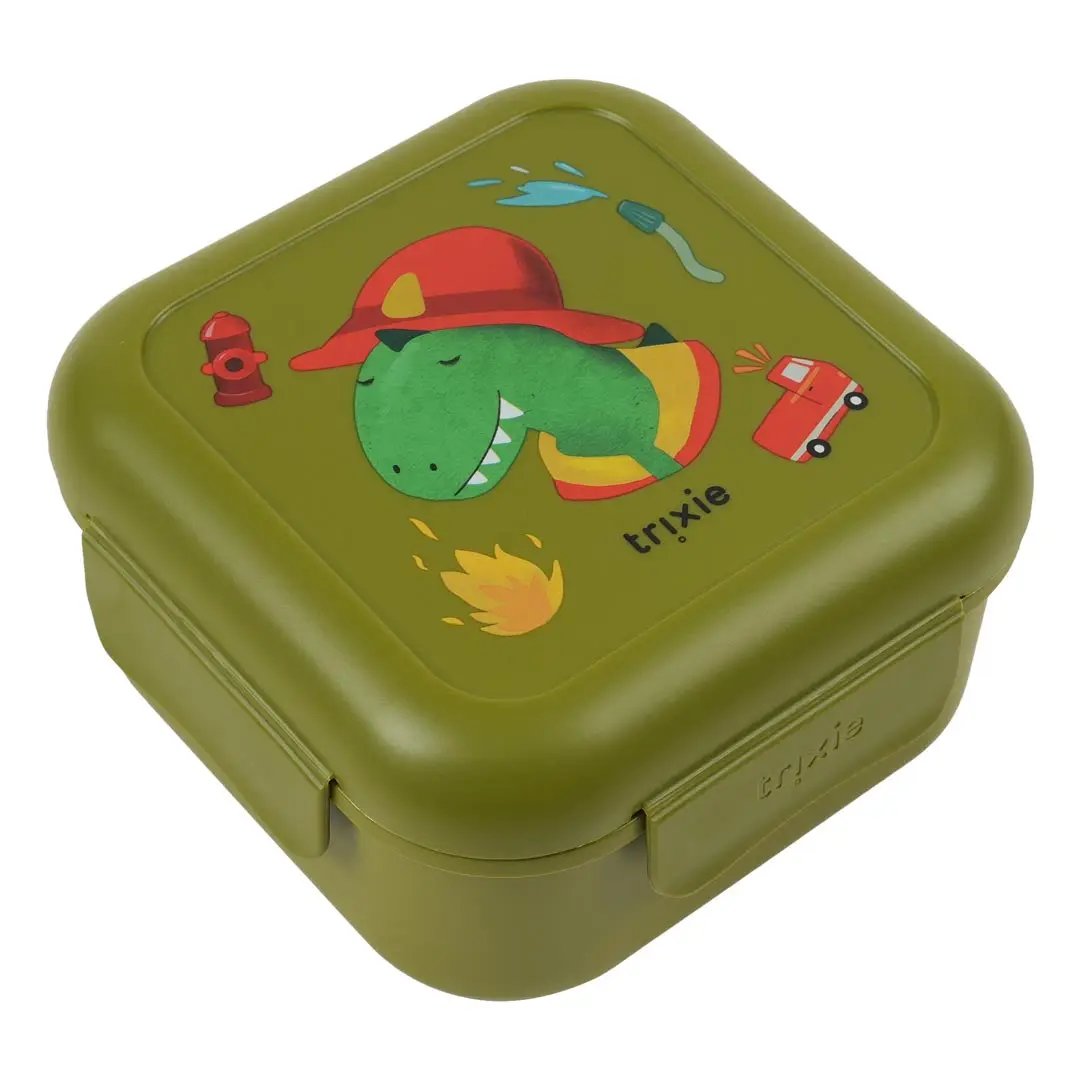 Boîte à goûter Trixie verte avec clips, illustration dinosaure pompier Fireman Mr Dino