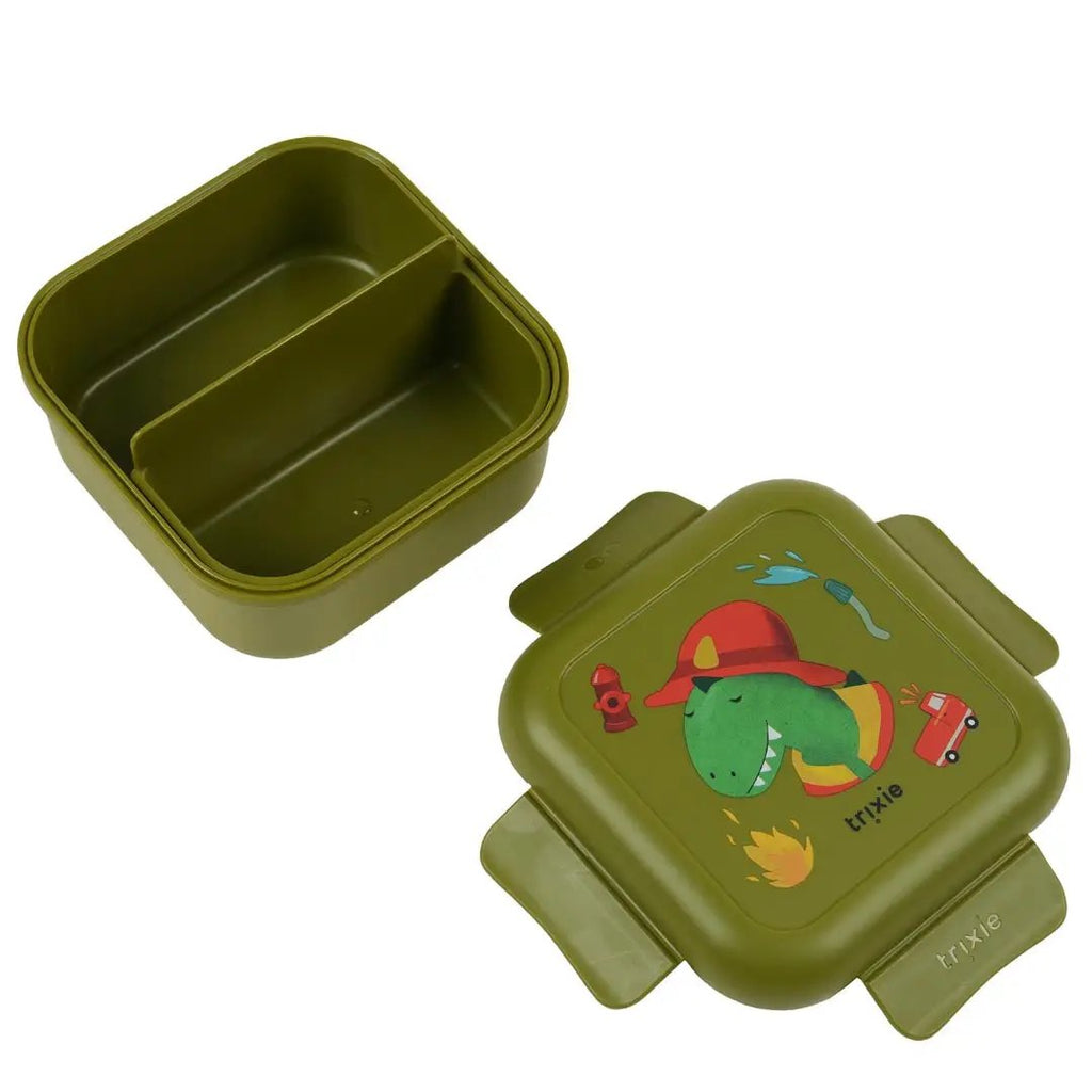 Trixie lunchbox with clip lid, olive green, firefighter dinosaur design
