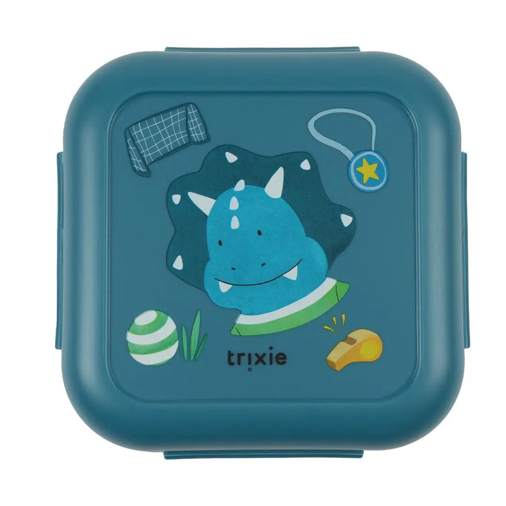 TRIXIE lunch box with clips, teal blue square container featuring Ballplayer Mr Triceratops design