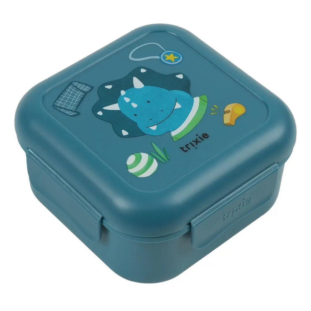 Trixie lunch box with clips in teal, featuring Mr Triceratops Ballplayer graphic