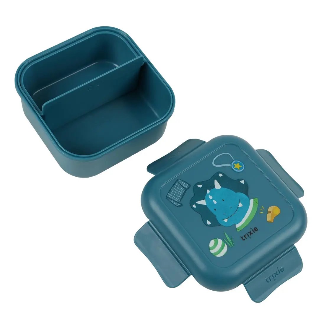 TRIXIE teal lunch box with clip lid; 2-piece set featuring Mr Triceratops graphic