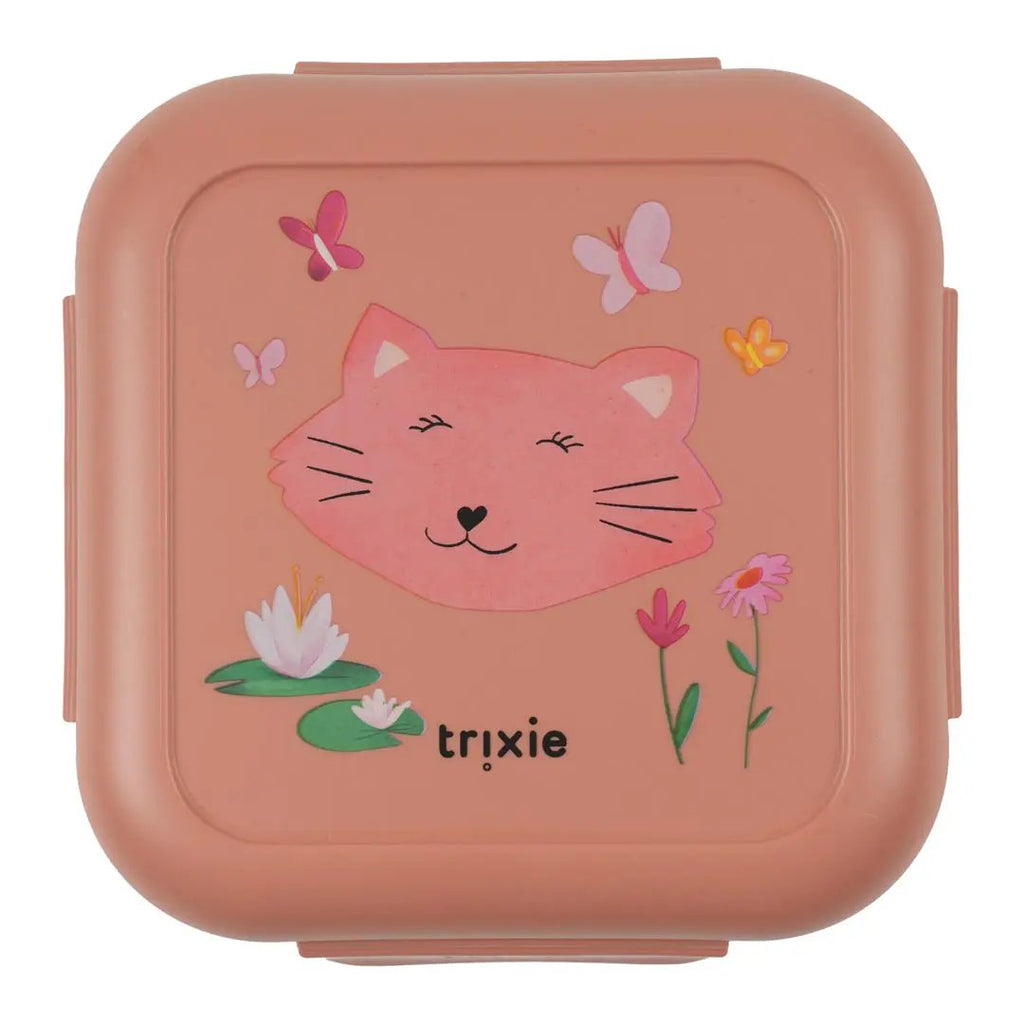 TRIXIE boîtes à goûter avec clips, en plastique couleur pêche rose, face illustrée d’un chat et fleurs