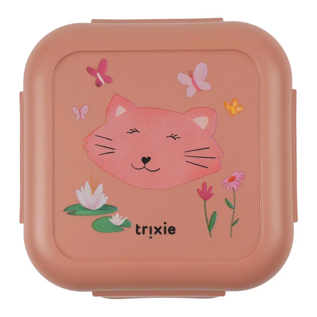 TRIXIE boîtes à goûter avec clips, en plastique couleur pêche rose, face illustrée d’un chat et fleurs