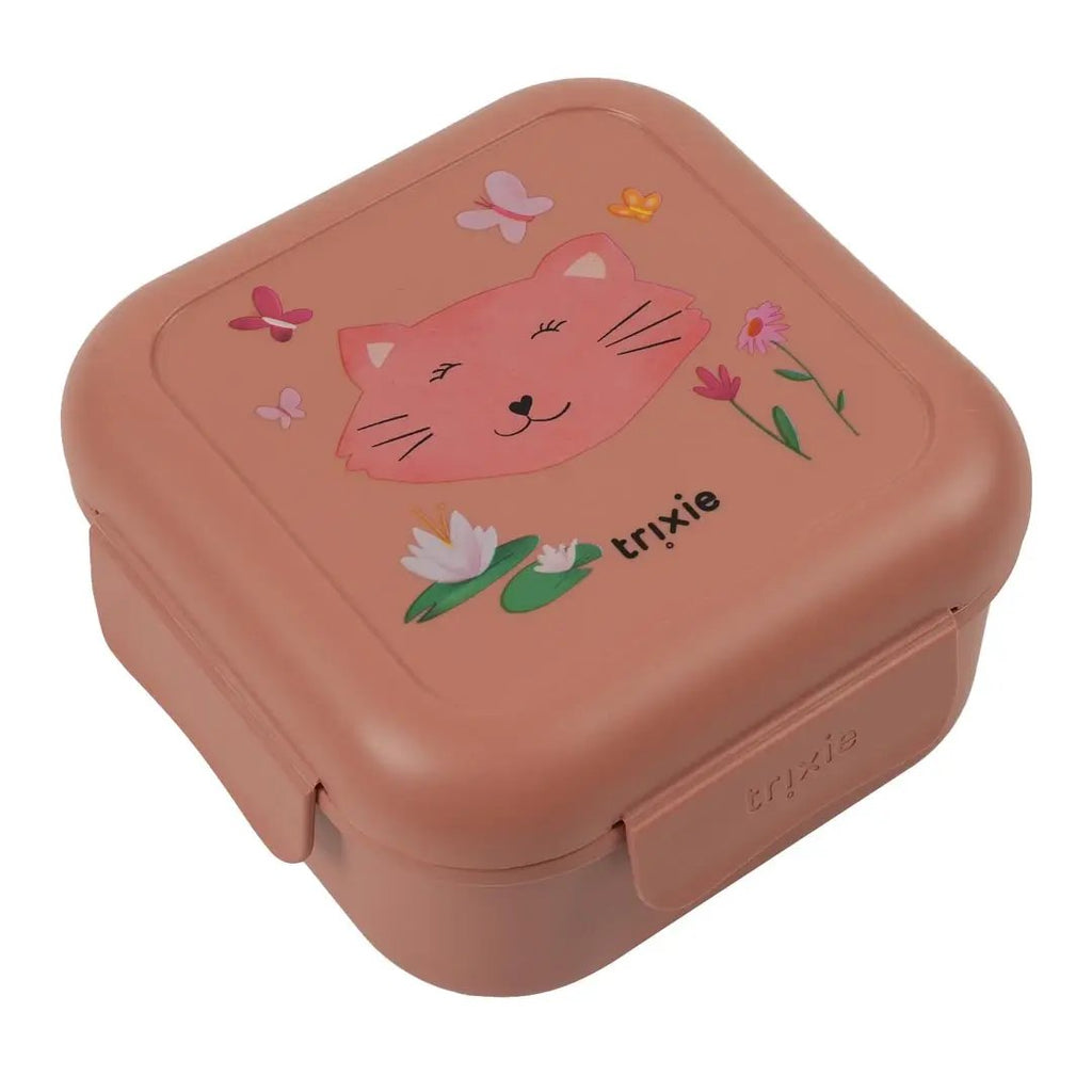 TRIXIE pink lunchbox with clips; cat-face design with flowers by Citron Grenadine