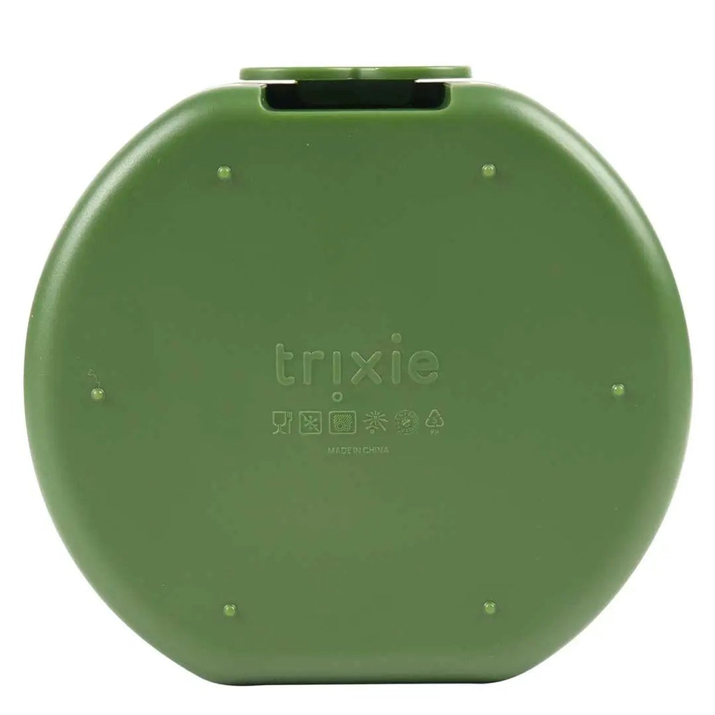 TRIXIE green round lunch container with lid, brand visible on bottom