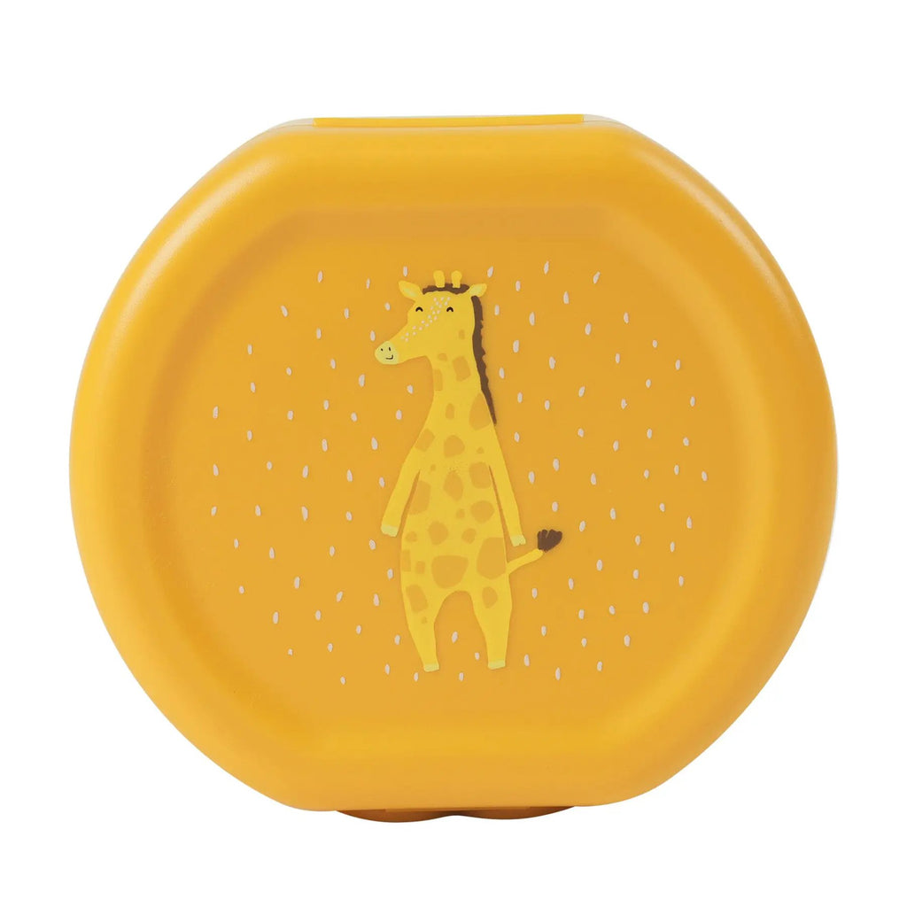 Yellow round lunch container lid with a cute giraffe illustration