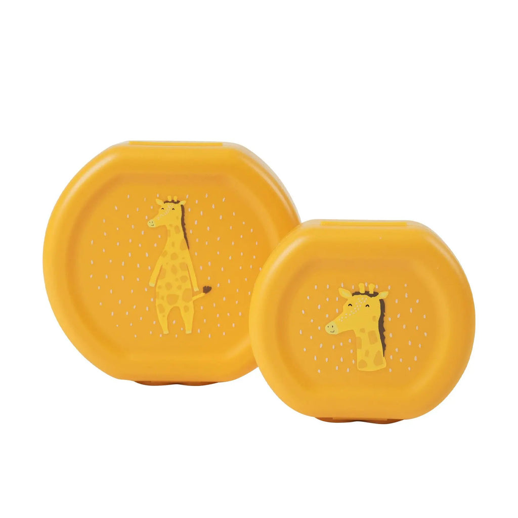 TRIXIE lunch boxes set of 2 in bright yellow with a playful giraffe illustration on each lid, ideal for kids' snacks