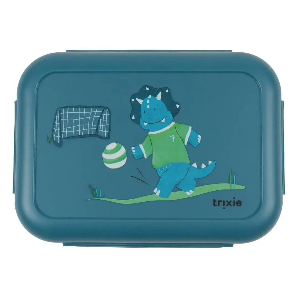 Trixie lunch box with clips in teal, featuring Ballplayer Mr Triceratops playing soccer