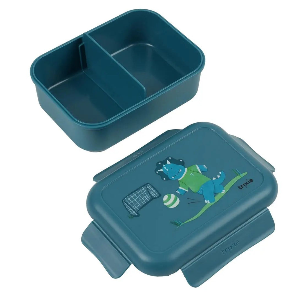 TRIXIE teal lunch box with clips; two-compartment container with Mr Triceratops illustration on lid