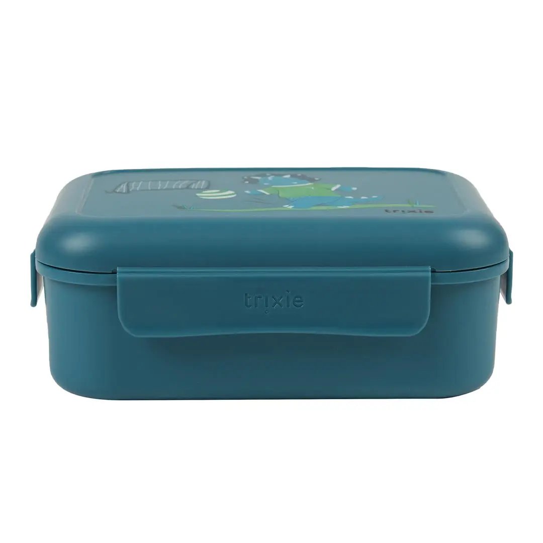 TRIXIE lunch box with clips, teal blue, featuring Ballplayer Mr Triceratops on lid