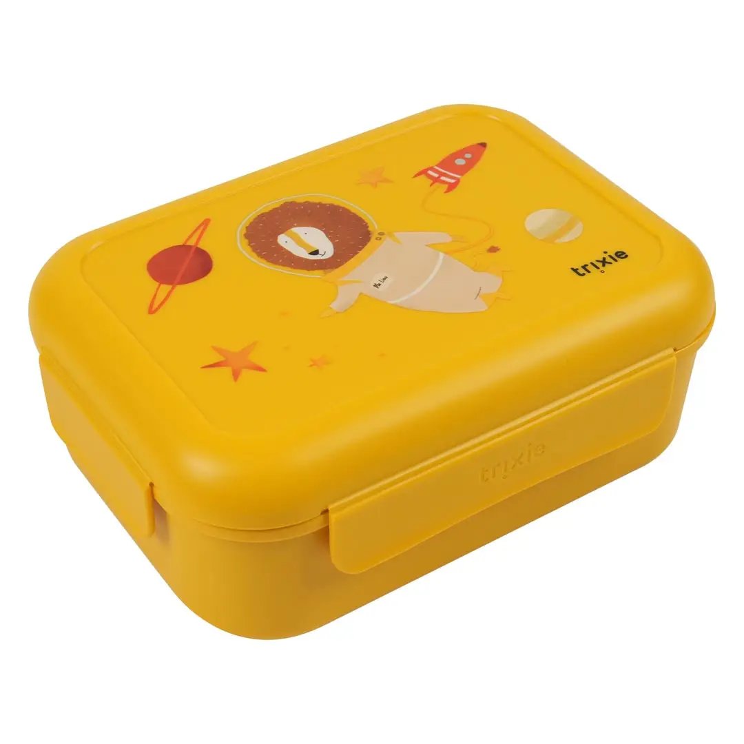 Trixie lunch box with clips, yellow plastic container featuring Spaceman Mr Lion illustration