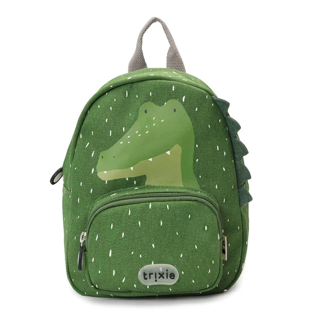 Trixie Mr Alligator school backpack, green with dinosaur graphic and front zip pocket