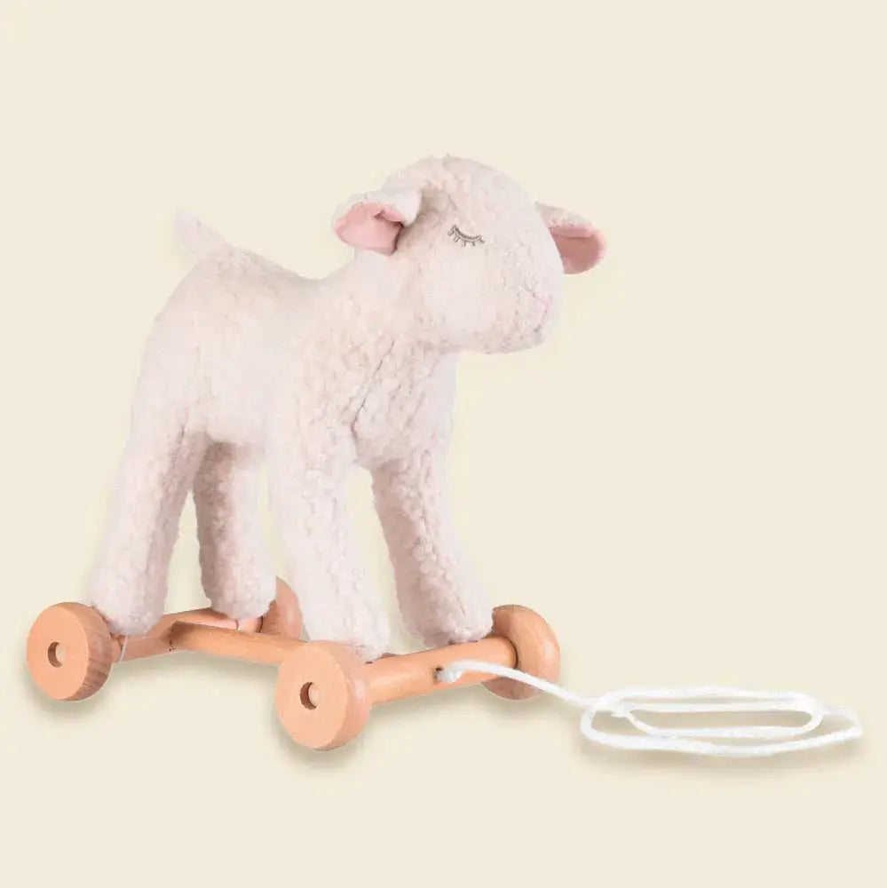 Jouet à tirer Mary agneau blanc en peluche sur châssis à roues en bois avec corde blanche — Citron Grenadine