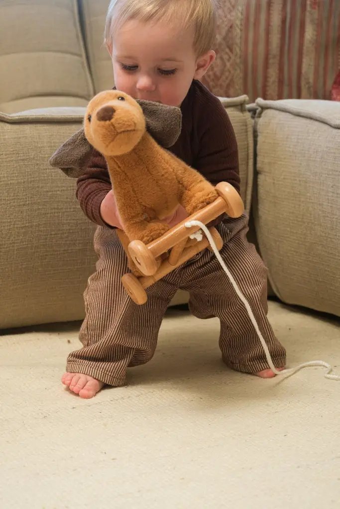 Jouet à tirer Edouard 12m+ en peluche beige, chien sur chariot en bois avec corde