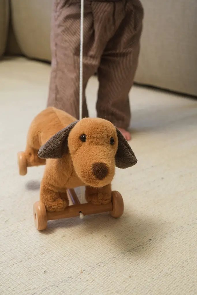 Edouard 12m+ jeu à tirer Citron Grenadine: chien en peluche marron sur wagon en bois à roues