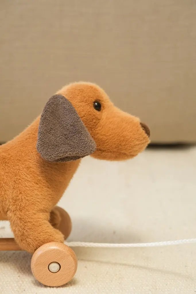 Edouard le chien en peluche orange sur roues, jouet à tirer en bois avec corde