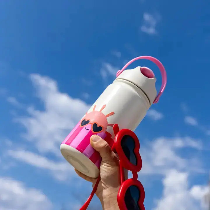 Gourde isotherme blanche 420 ml THE COTTON CLOUD, Citron Grenadine, motif soleil rose et lunettes noires, poignée rose
