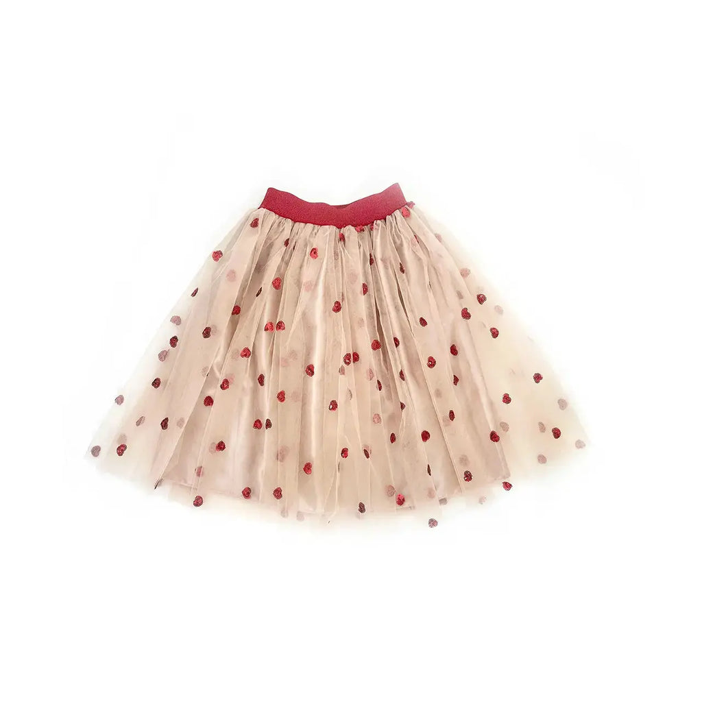 RATATAM jupon Celestine beige tulle skirt with red heart polka dots, red waistband - Citron Grenadine