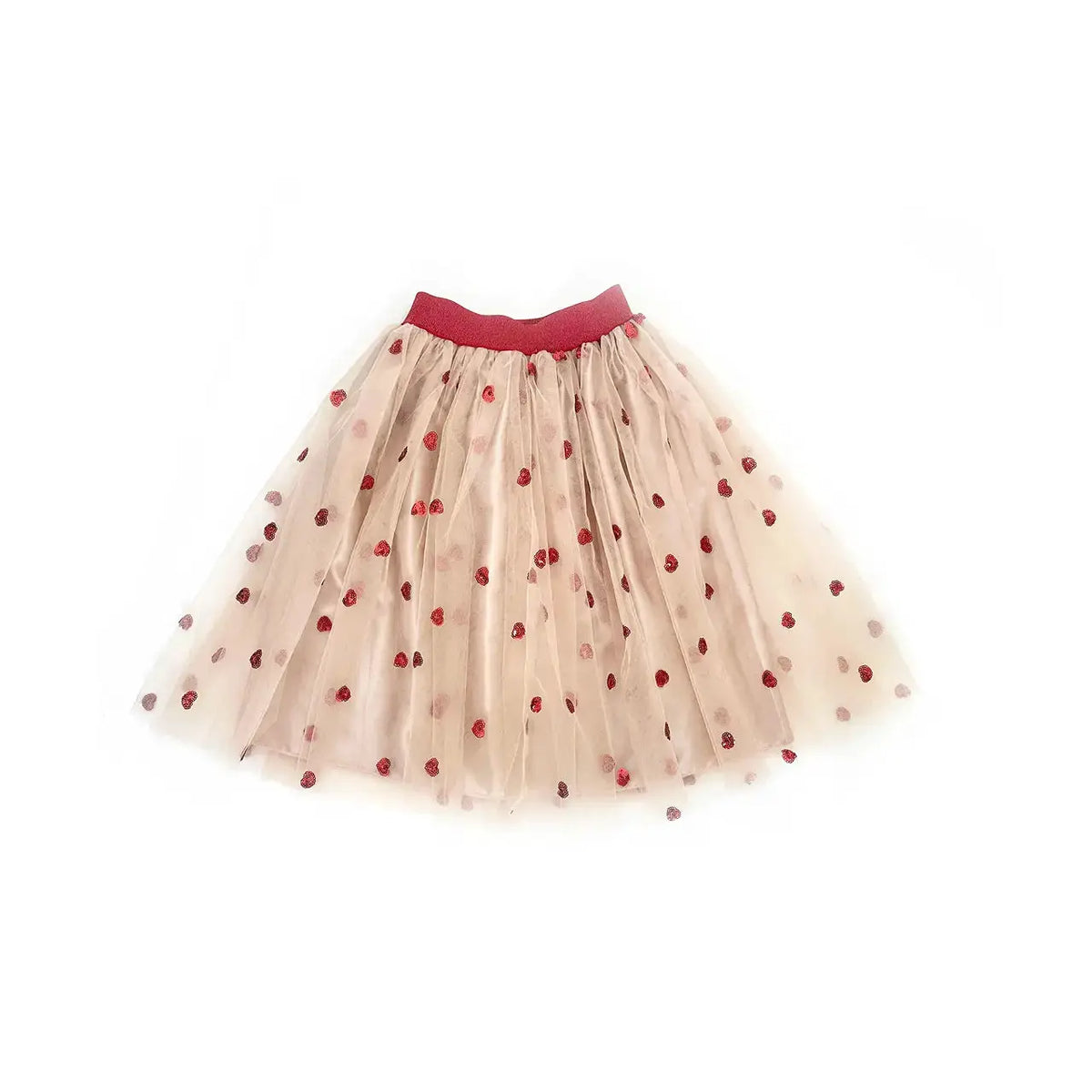 RATATAM jupon Celestine beige tulle skirt with red heart polka dots, red waistband - Citron Grenadine