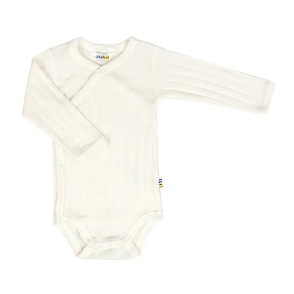JOHA croisé laine baby bodysuit in off-white, ribbed knit with long sleeves and snap closures