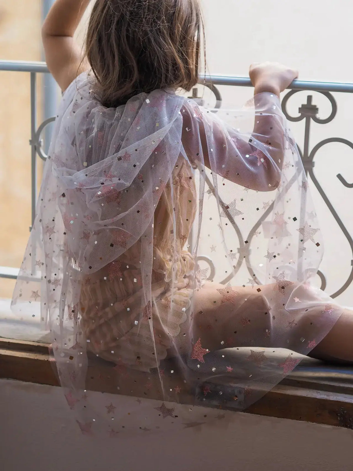 Cape RATATAM Céleste en tulle transparent avec étoiles pailletées blanches, Citron Grenadine