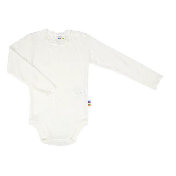 JOHA baby bodysuit with lace-trim collar, pointelle wool-silk knit in off-white