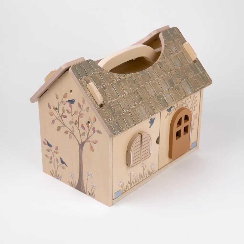 EGMONT TOYS maison des écureuils wooden dollhouse by Citron Grenadine, natural wood with tree motif and an arched door