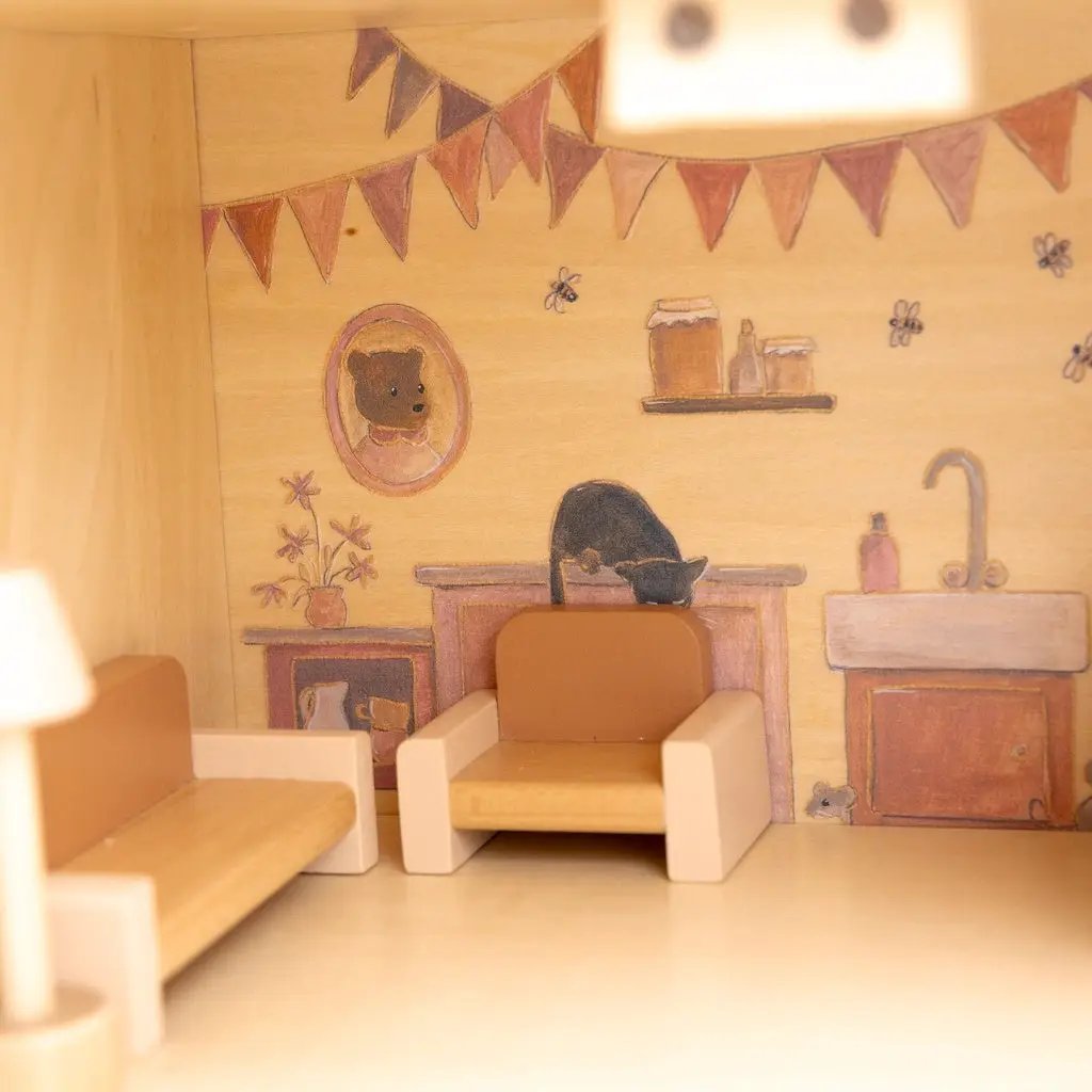 EGMONT TOYS dollhouse by Citron Grenadine; tan and white miniature seating in a dollhouse living room.