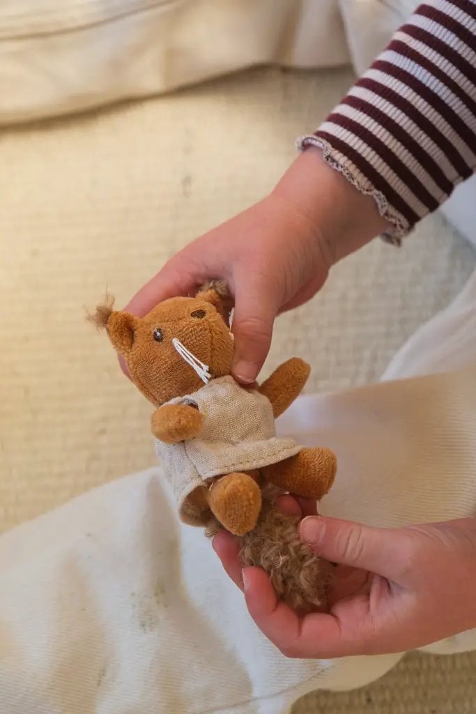 Squirrel plush toy, brown fabric with beige dress, Citron Grenadine