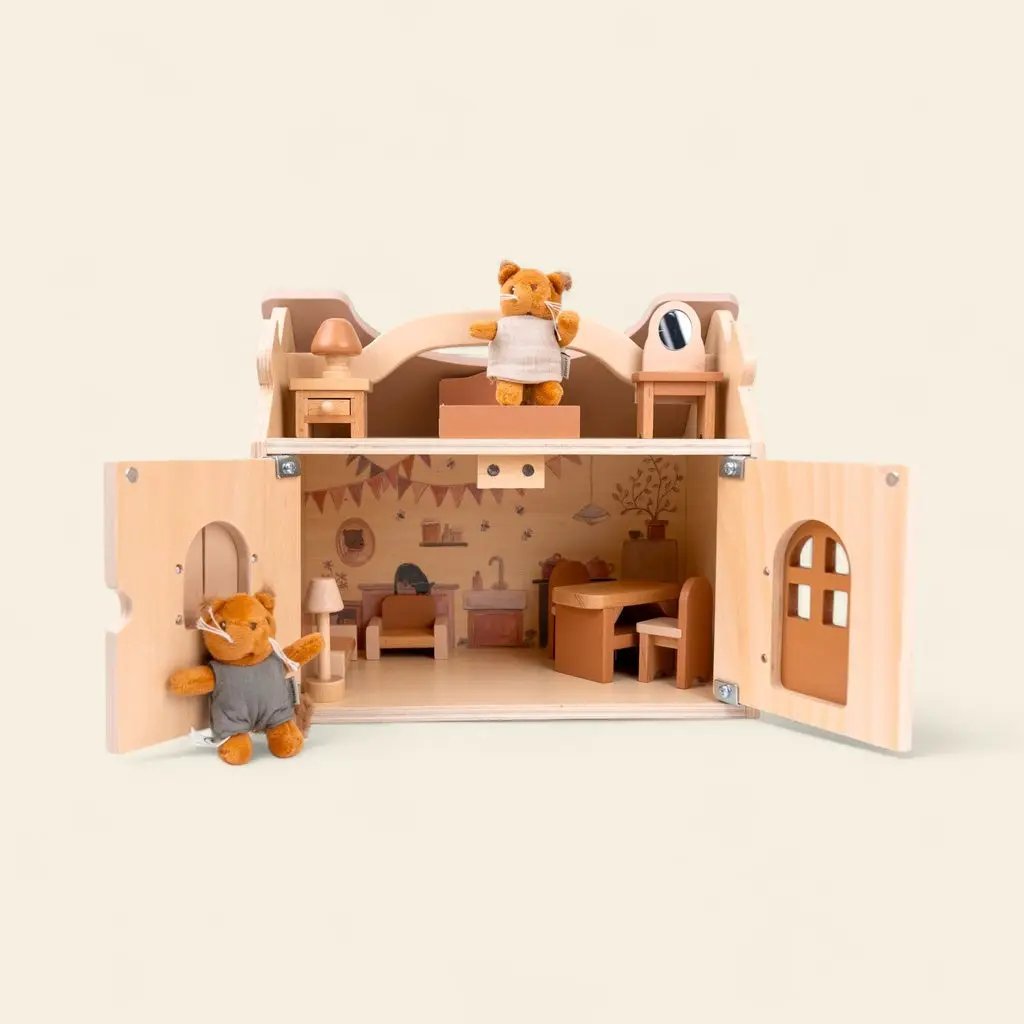 EGMONT TOYS maison des écureuils wooden dollhouse, Citron Grenadine, with two plush squirrels and furnished interior