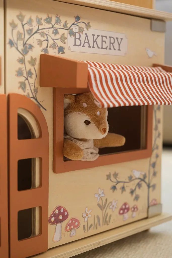 Bakery playset by Citron Grenadine, wooden toy cafe boulangerie with striped awning