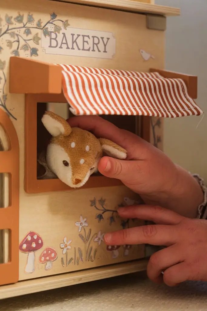 Wooden bakery playset with striped orange canopy; child inserts plush toy through window