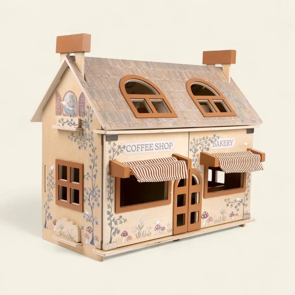 Egmont Toys café et boulangerie wooden bakery coffee shop playset by Citron Grenadine, natural wood with brown awnings