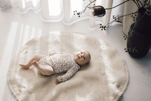 ALWERO sac tapis de jeu 2 en 1 rond en laine et lin, crème, bébé sur le tapis