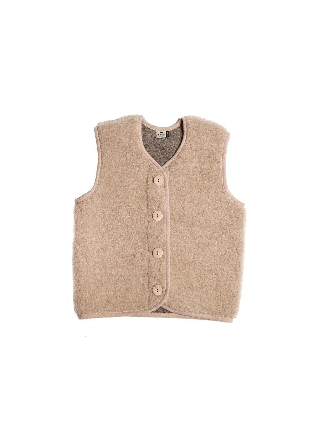 ALWERO gilet sans manches en laine Po sand brown, texture sherpa avec boutons beiges