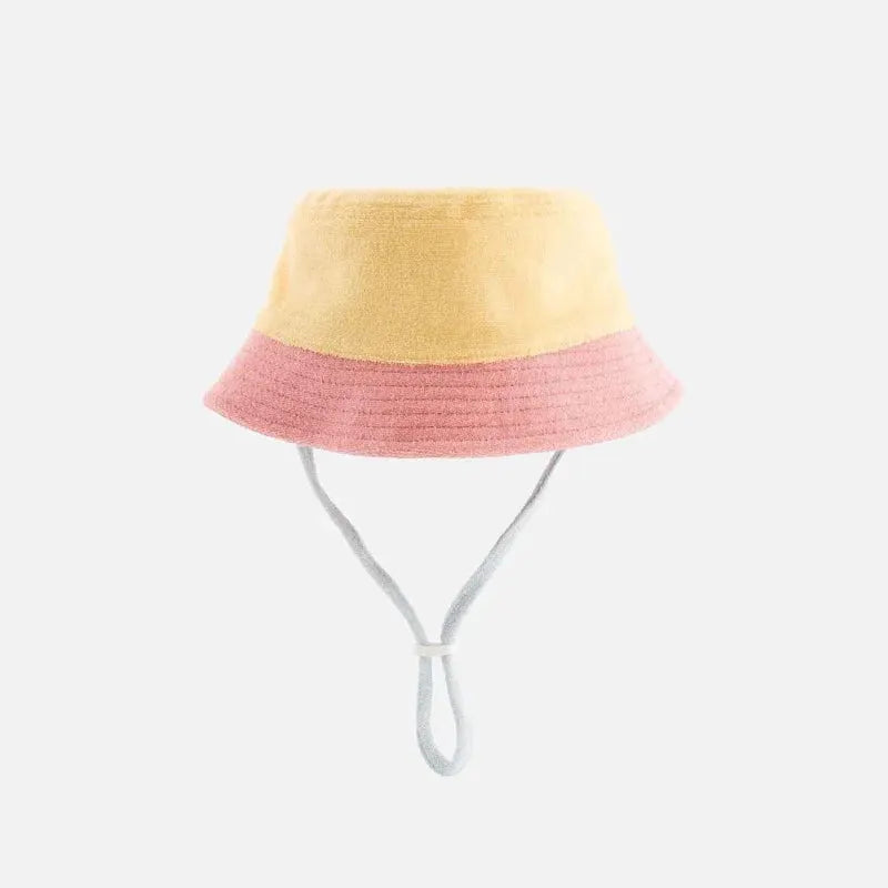 CHAMAYE sponge bucket hat yellow crown with pink brim, Citron Grenadine, adjustable chin strap