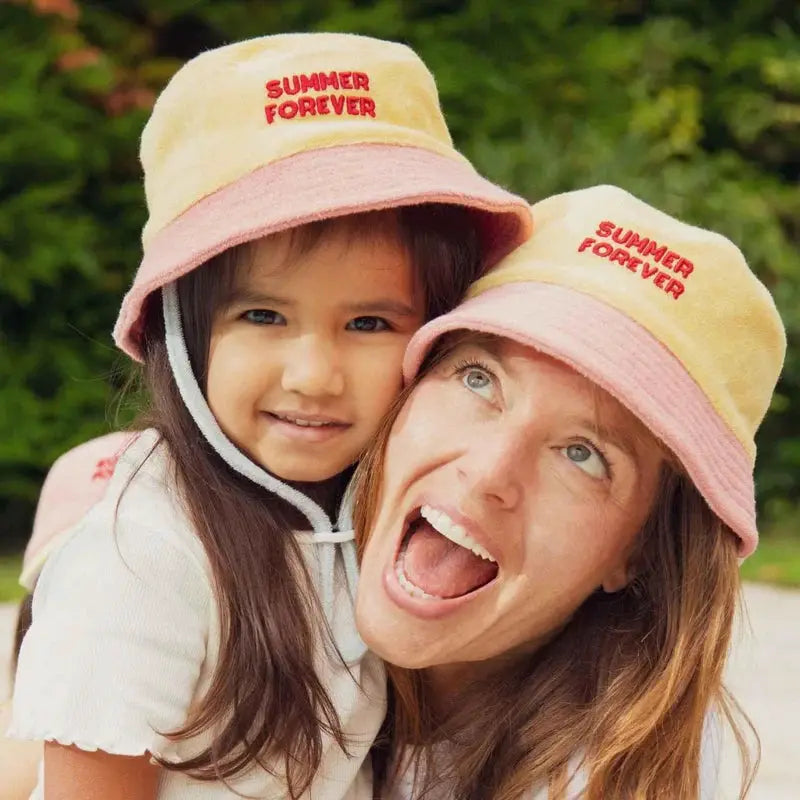 Two CHAMAYE sponge bucket hats in yellow with pink brims, embroidered Summer Forever